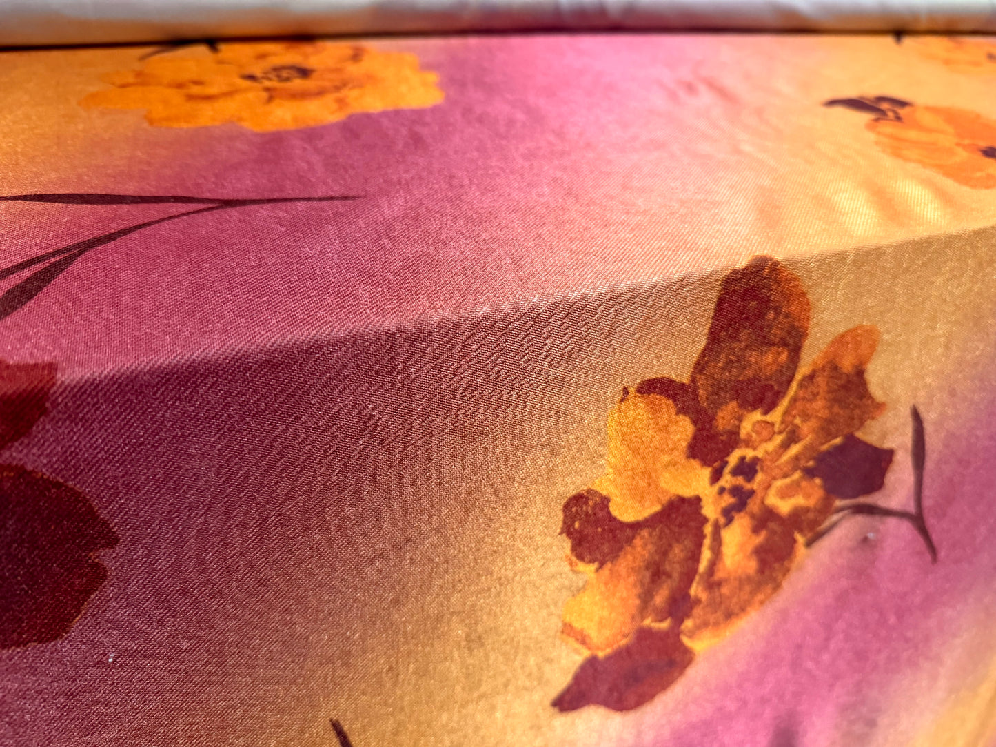 Stretch spandex satin jersey fabric, per metre - blossom print - magenta & gold