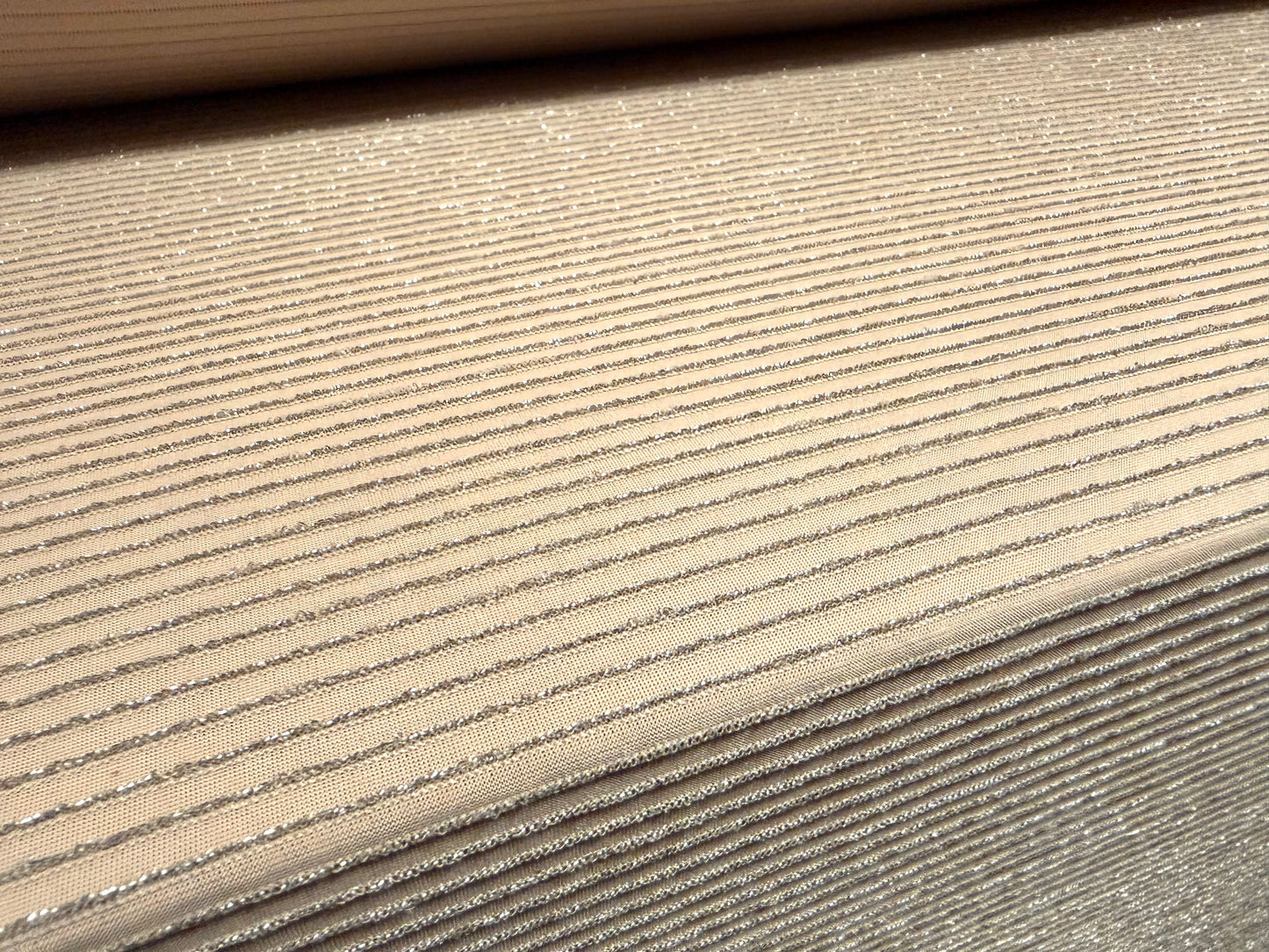 Metallic stretch jersey fabric, per metre - lurex pinstripe - beige