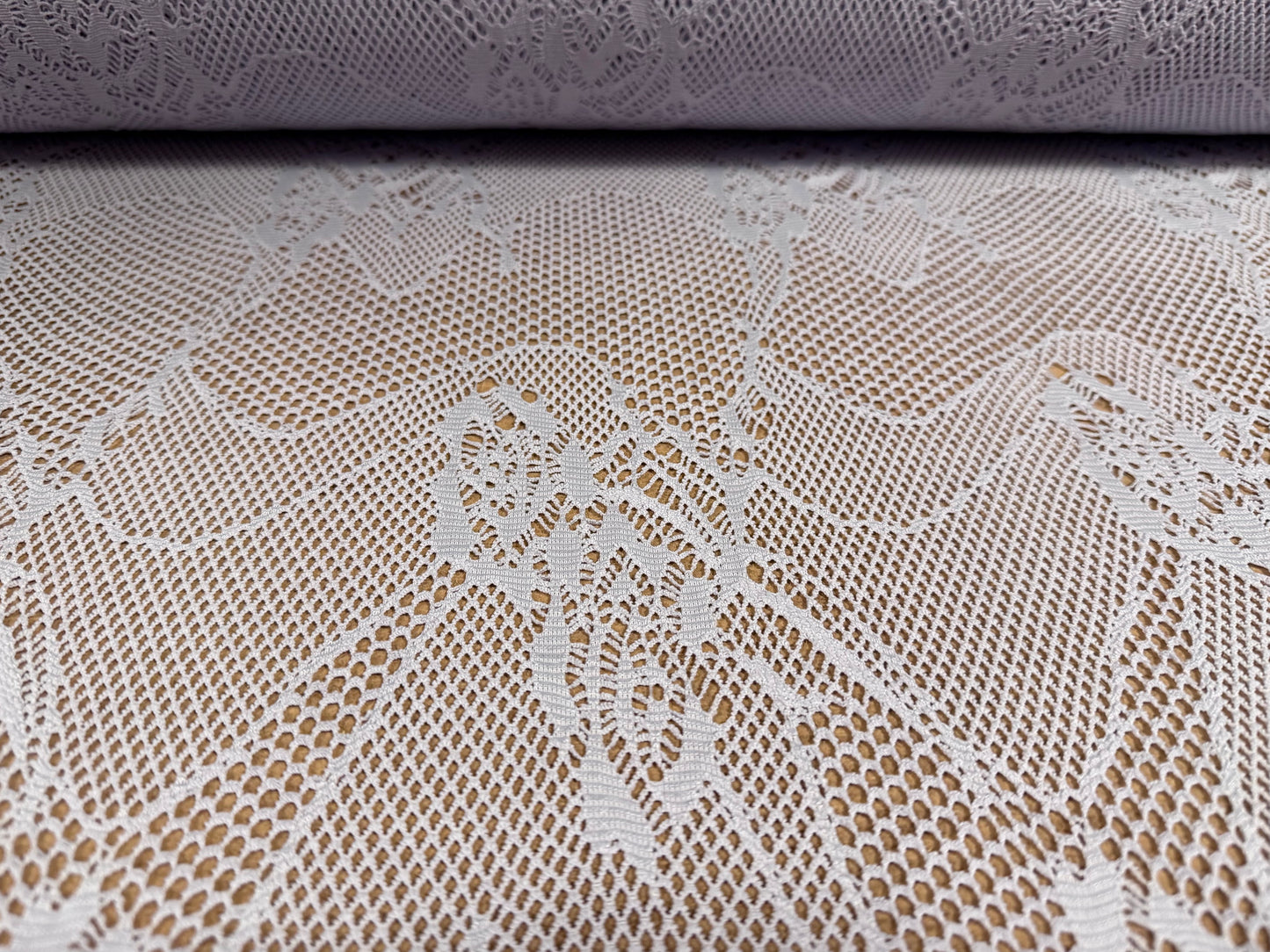 Stretch fishnet jersey fabric with floral design, per metre - lilac