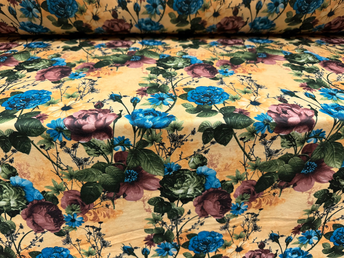 Double jersey upholstery fabric, per metre - wild rose print - old gold & cobalt