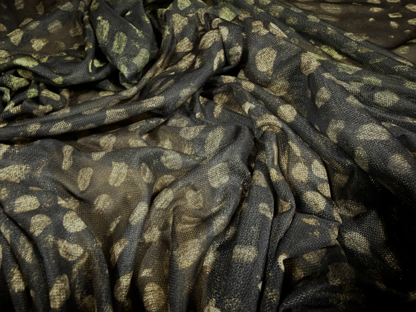 Power mesh net stretch spandex fabric, per metre - abstract print - black & olive