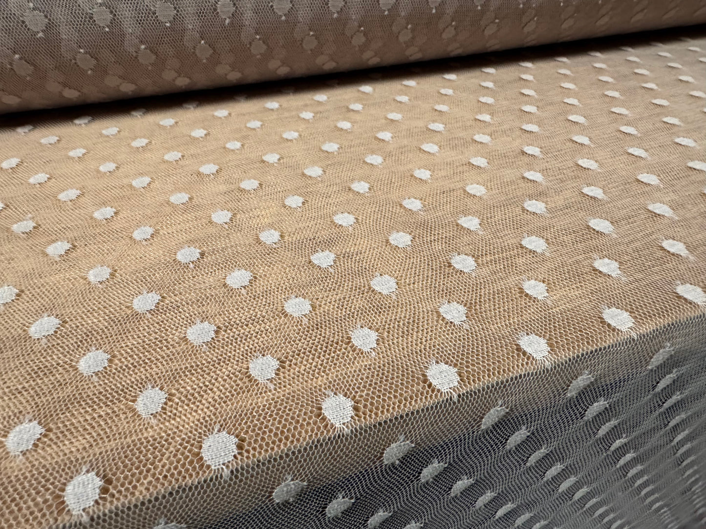 Fine lightweight mesh net fabric, per metre - dobby spot - stone