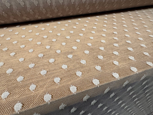 Fine lightweight mesh net fabric, per metre - dobby spot - stone