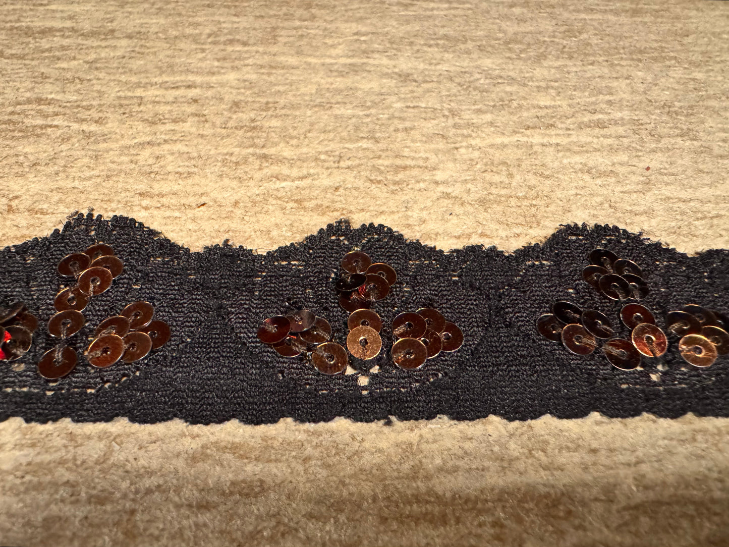Scalloped lace edging trim fabric with sequins - stretch - dark brown & copper