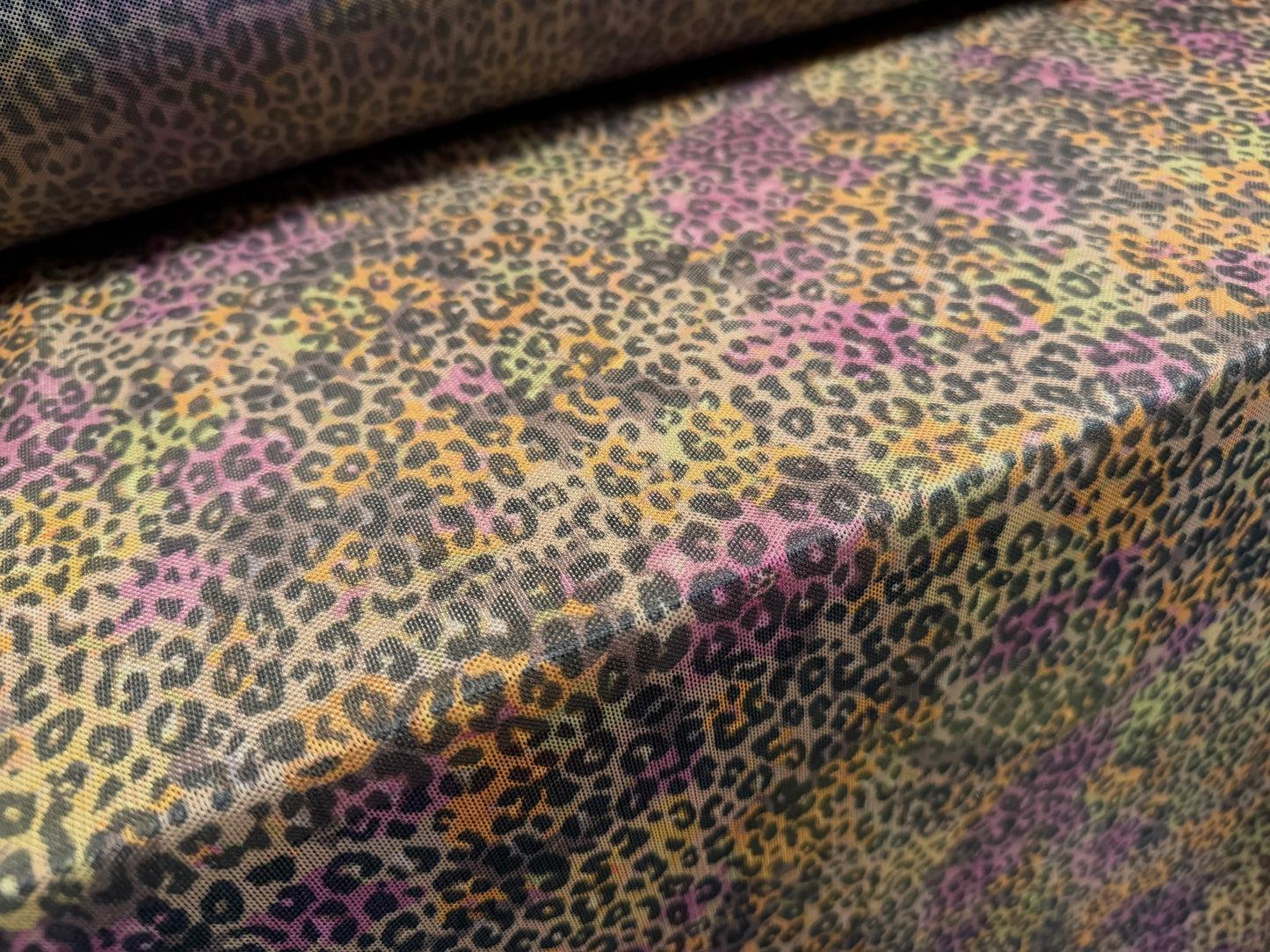 Power mesh net stretch spandex fabric, per metre - cheetah animal print - pink orange & green
