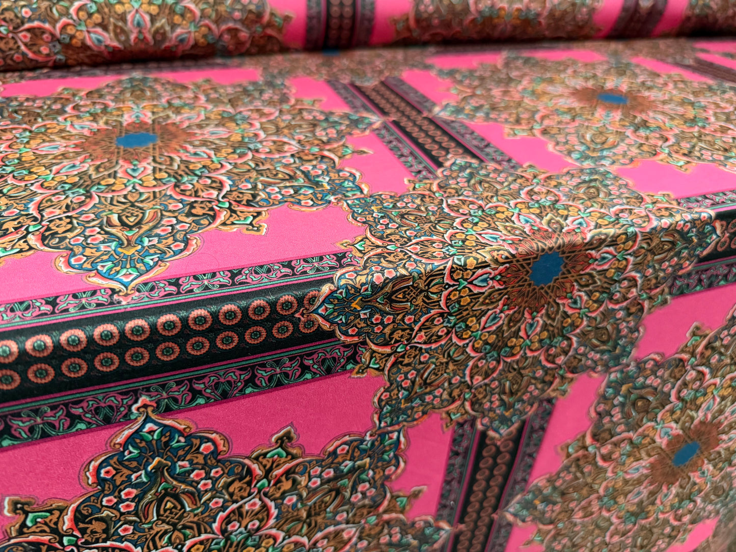 Soft touch stretch spandex jersey fabric, per metre - Arabesque floral print - pink