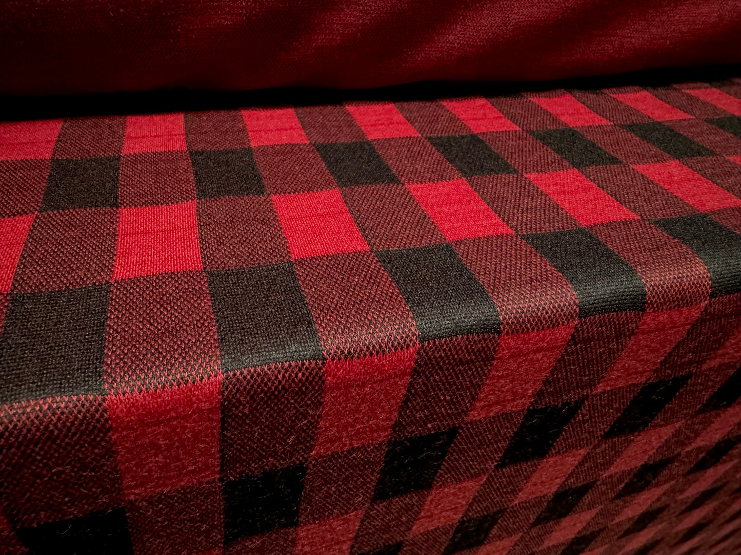 Stretch double jersey knit fabric, per metre - buffalo check - wine & black