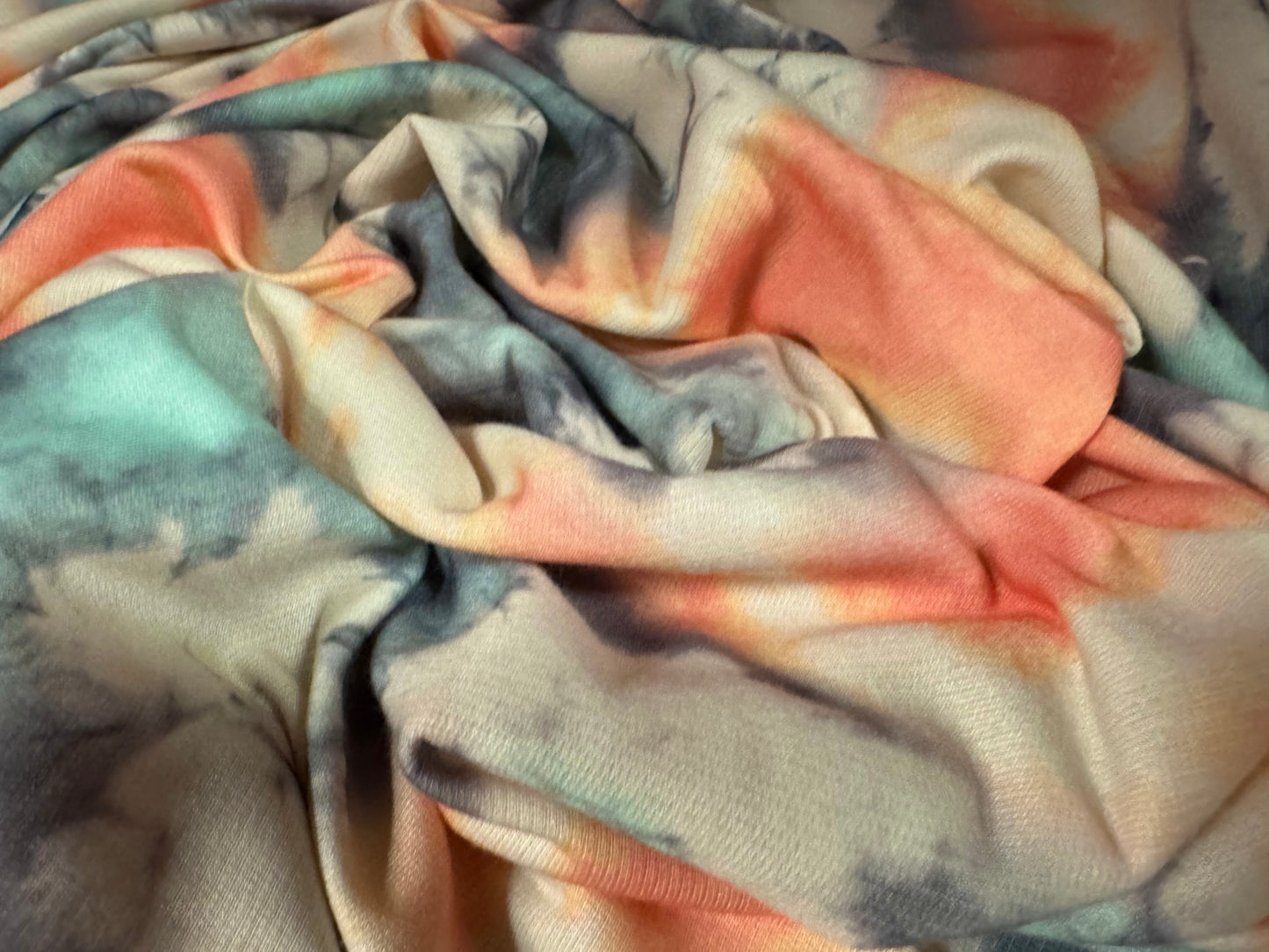 French Terry loopback sweatshirt jersey fabric, per metre - watercolour floral print - peach & aqua