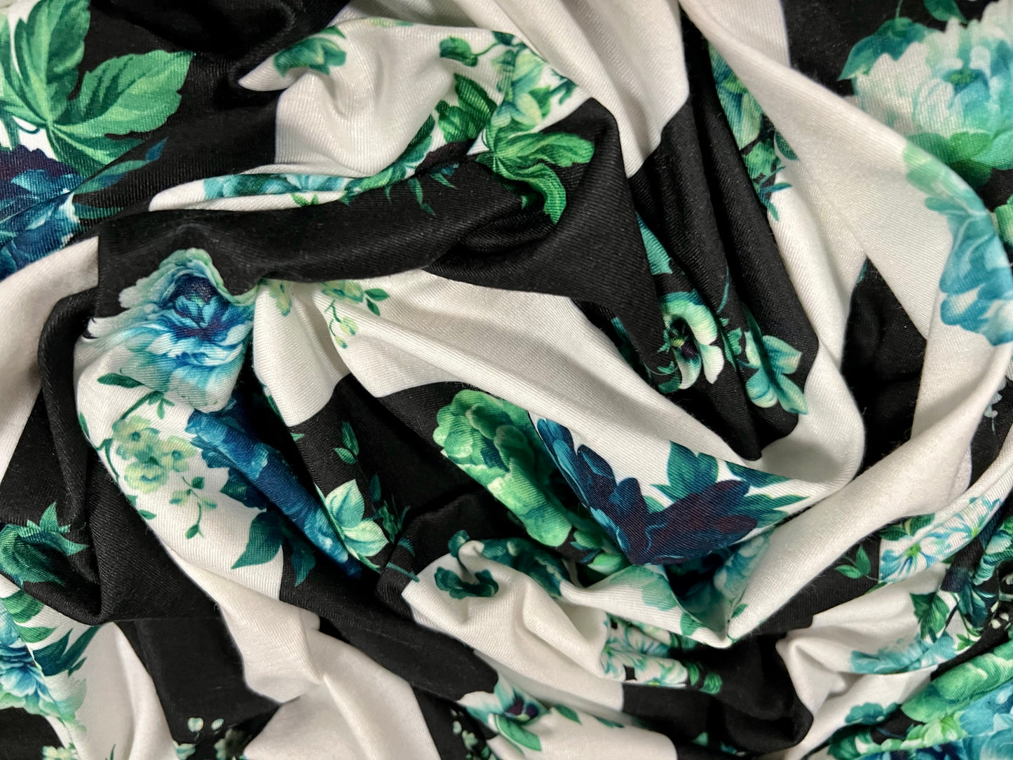 Soft handle single jersey fabric, per metre - floral stripe print - black white & turquoise