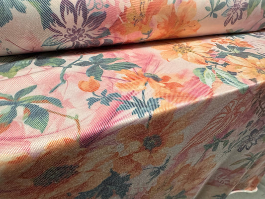 Soft stretch jersey twill fabric, per metre - stylised flower print - pink & peach