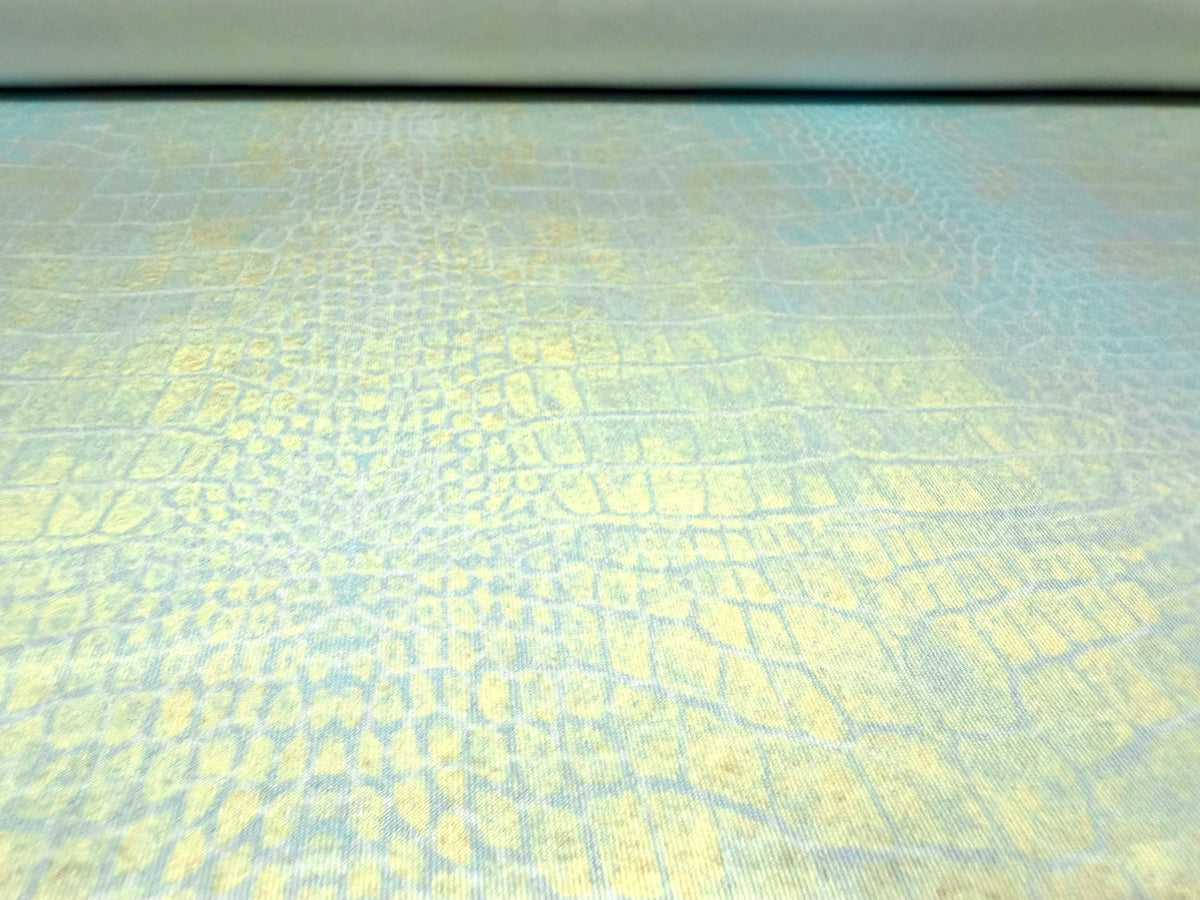 Scuba crepe stretch double jersey fabric, per metre - distressed crocodile print - turquoise & lemon