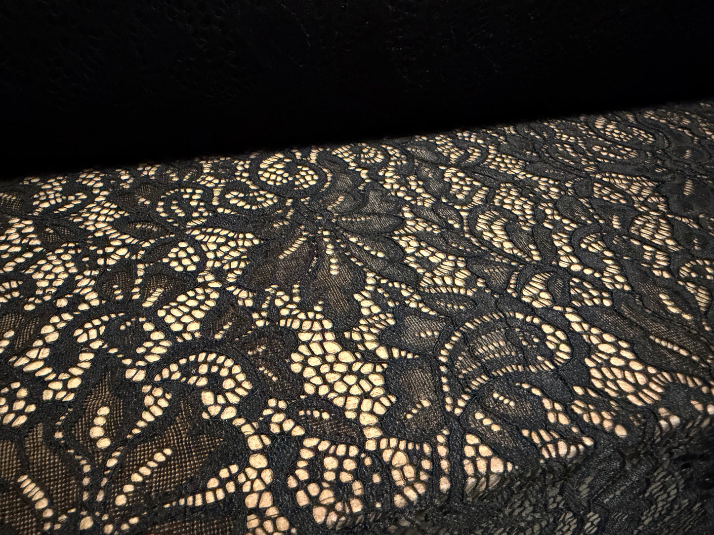 Stretch spandex lace dress fabric with scalloped selvedges, per metre - floral - black