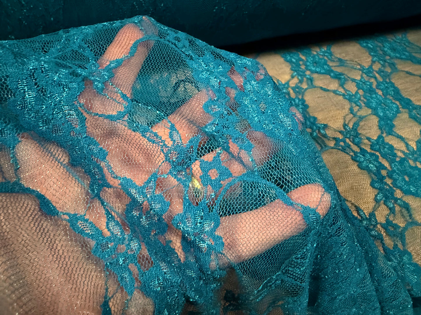 Stretch lace mesh fabric, per metre - floral - kingfisher blue