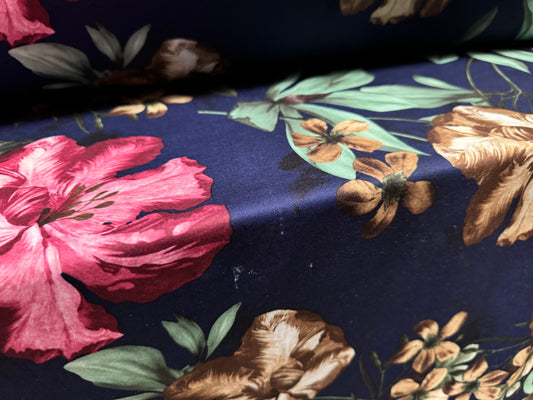 Scuba stretch spandex double jersey dress fabric, per metre - lily flower print - navy blue