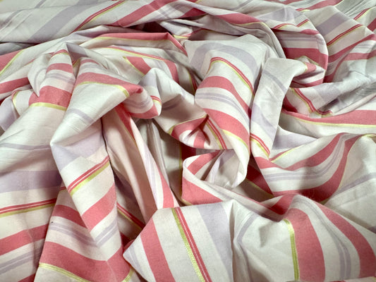 Stretch cotton blend woven shirt blouse fabric, per metre - stripe - pink lilac & white
