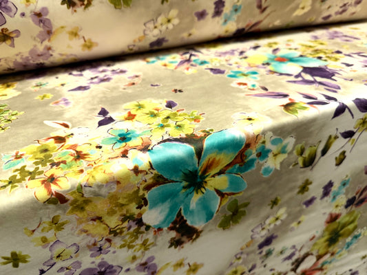 Scuba stretch spandex double jersey dress fabric, per metre - floral print - sage cream & turquoise