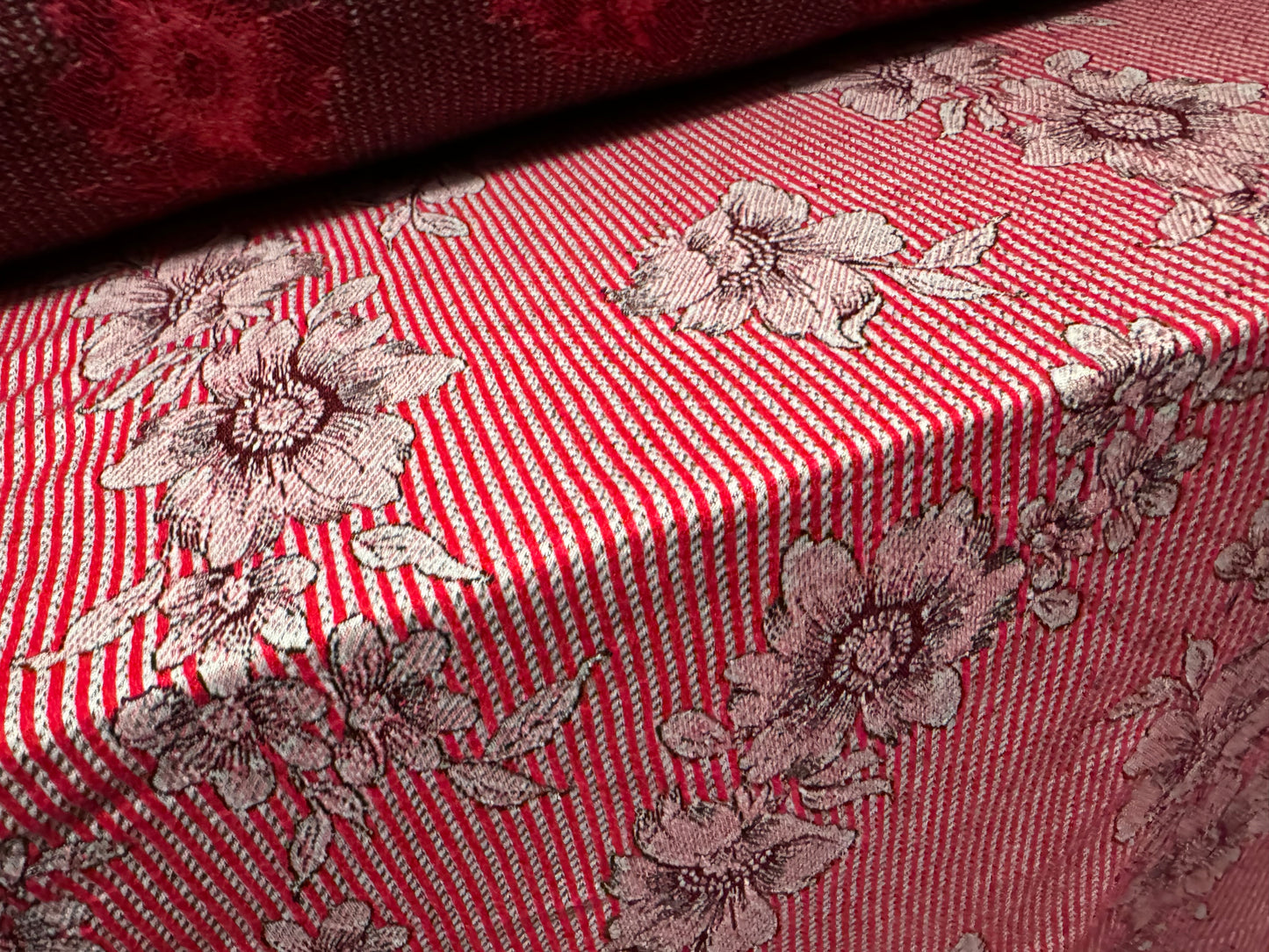 Stretch double jersey fabric, per metre - stripes & flowers jacquard - pink