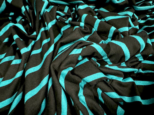 Viscose spandex stretch single jersey fabric, per metre - Breton stripe - black & turquoise