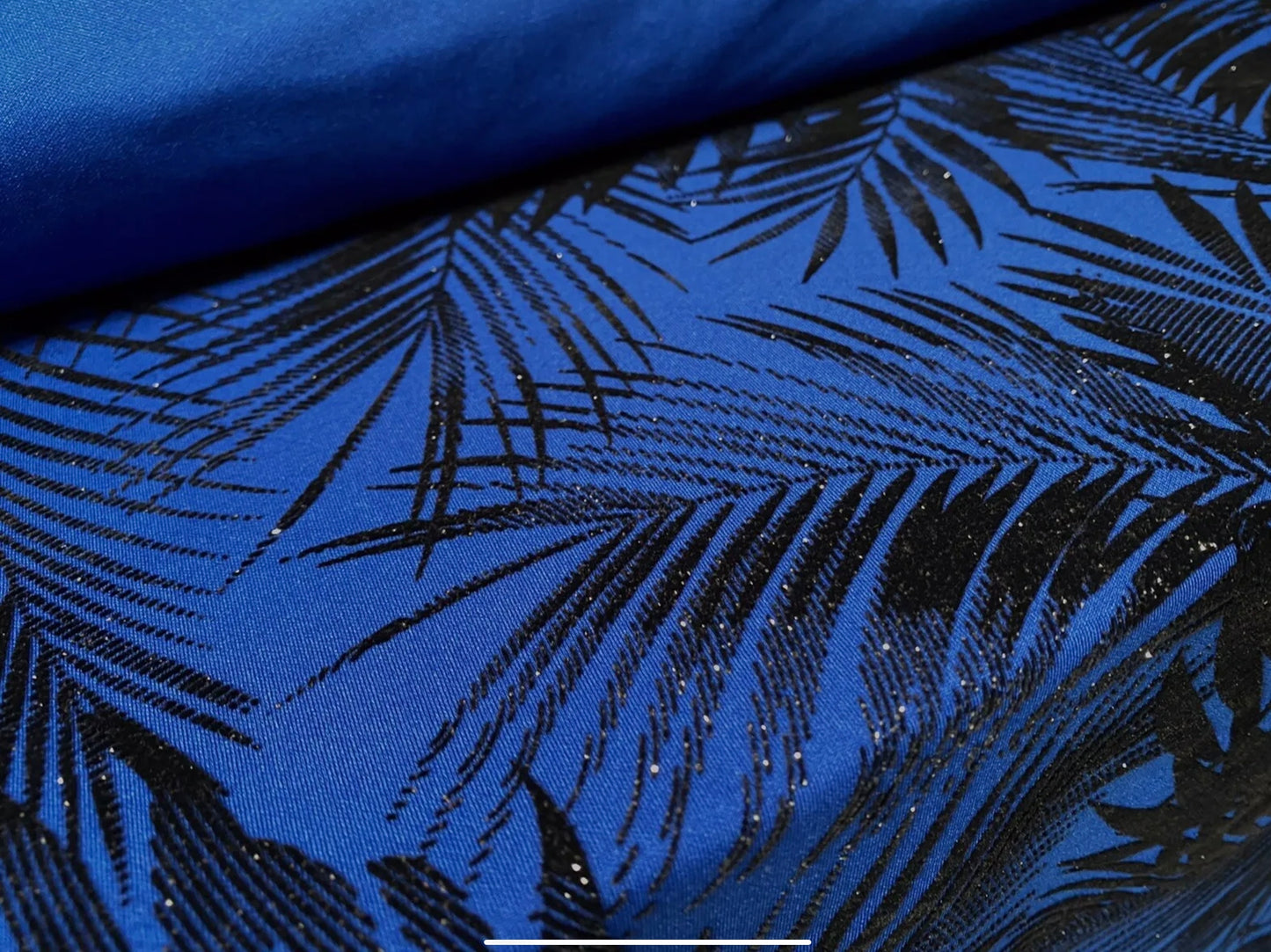 Stretch spandex double jersey fabric, per metre - bamboo leaves print with glitter sparkle - royal blue & black