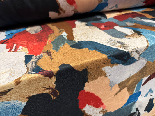 French Terry loopback sweatshirt jersey fabric, per metre - abstract print - teal navy & cream