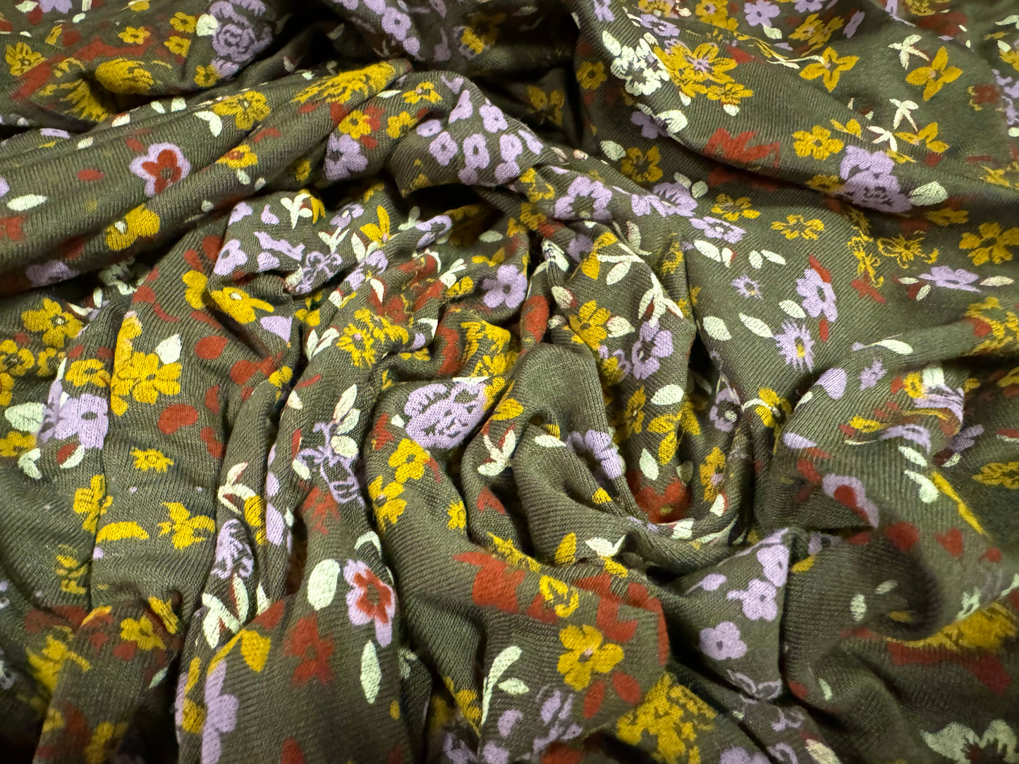 Viscose spandex stretch single jersey fabric, per metre - small flower ditsy print - khaki & mustard