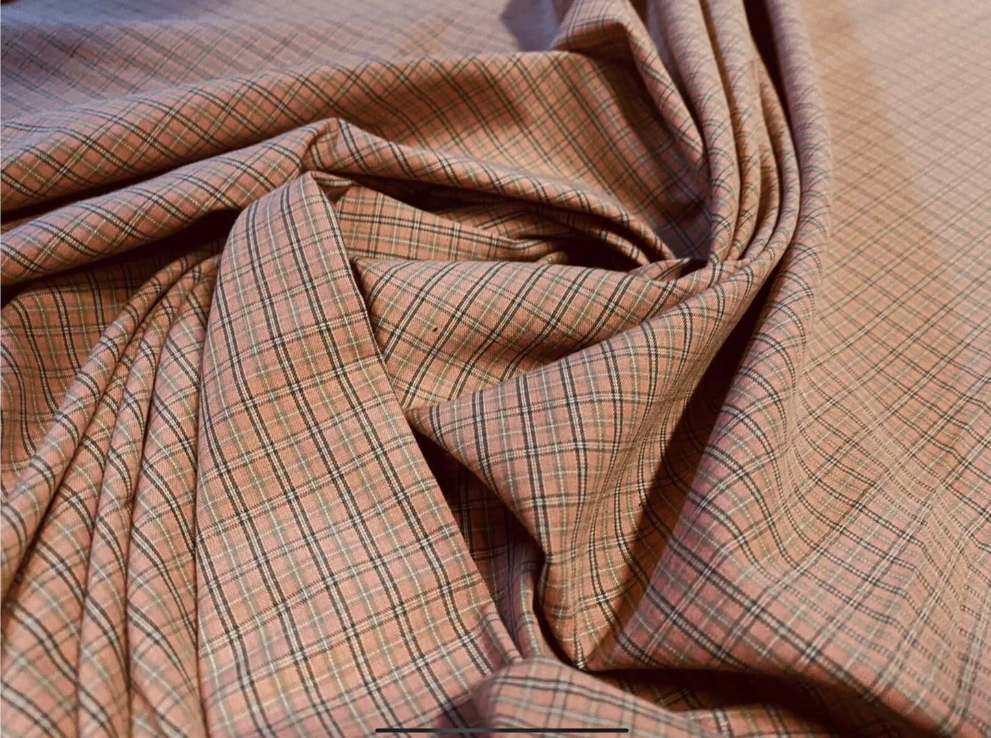 Woven cotton dress shirt fabric, per metre - check plaid design - salmon pink & blue