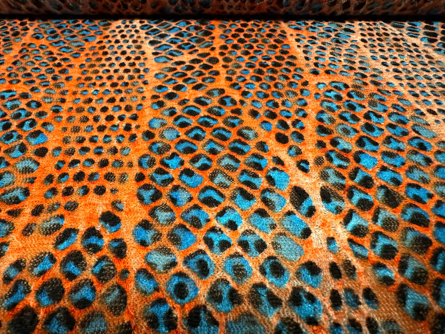 Stretch spandex mesh lace fabric, per metre - abstract print - orange & blue