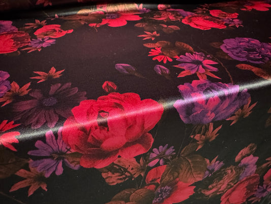 Silky Stretch charmeuse satin dress fabric, per metre - floral print - purple & pink
