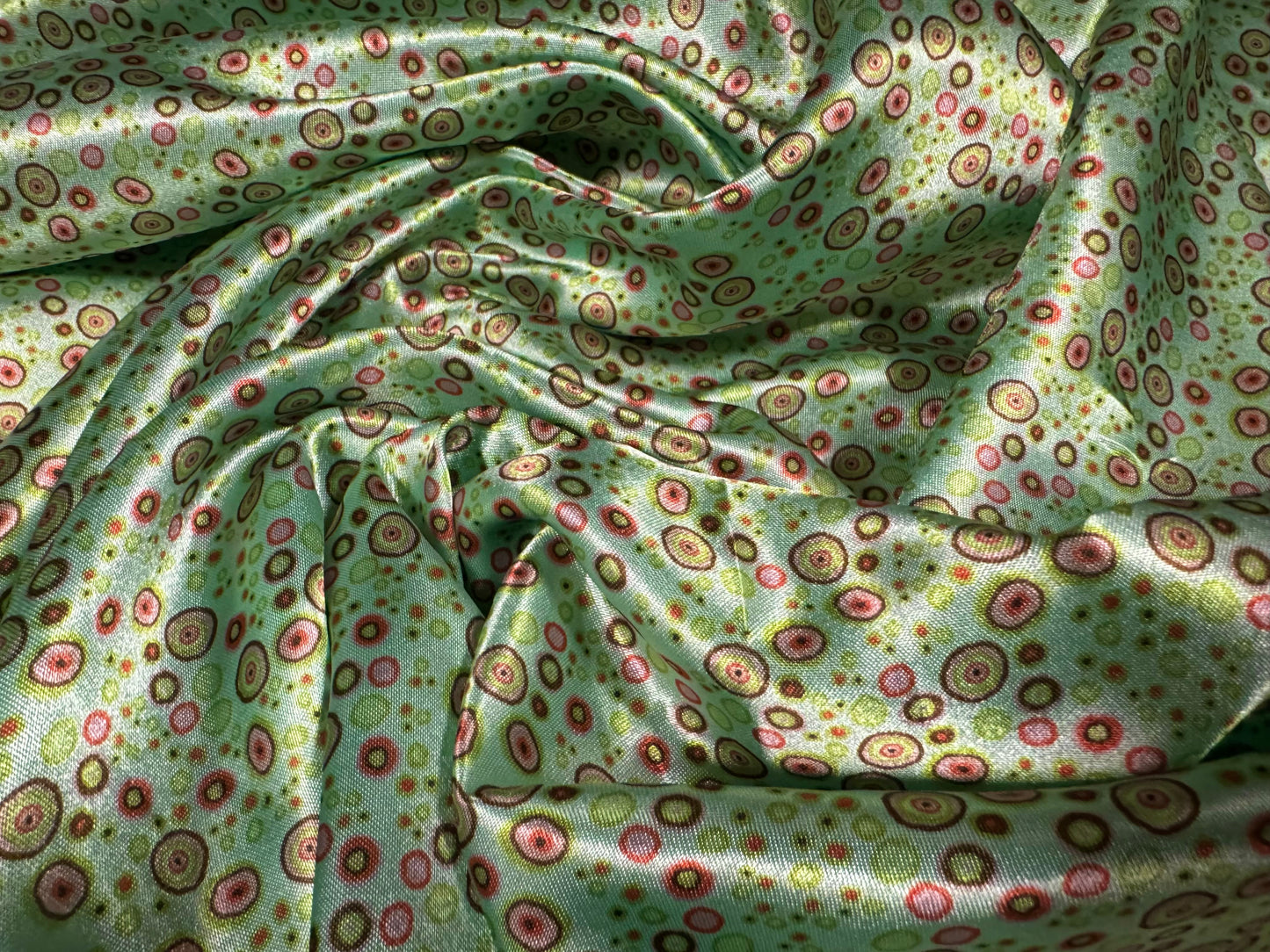 Silky satin woven dress fabric, per metre - circles print - aqua