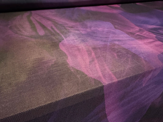 Power mesh net stretch spandex fabric, per metre - stylised flower print - purple & lilac