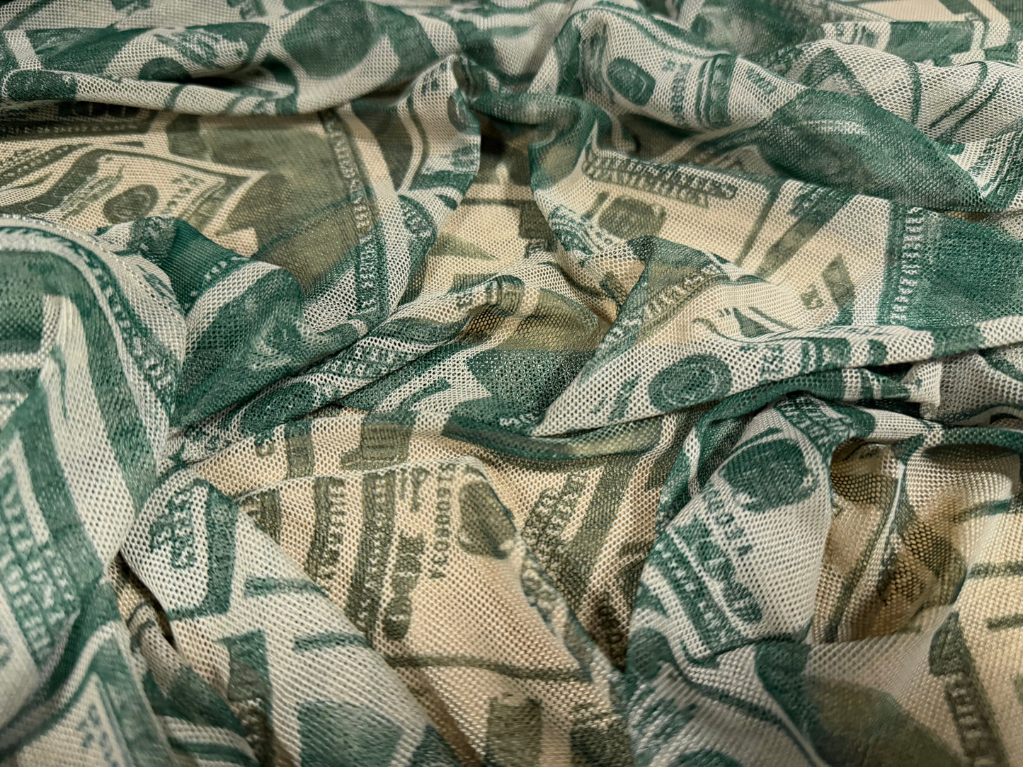 Power mesh net stretch spandex fabric, per metre - dollar bill print - sage & bottle green