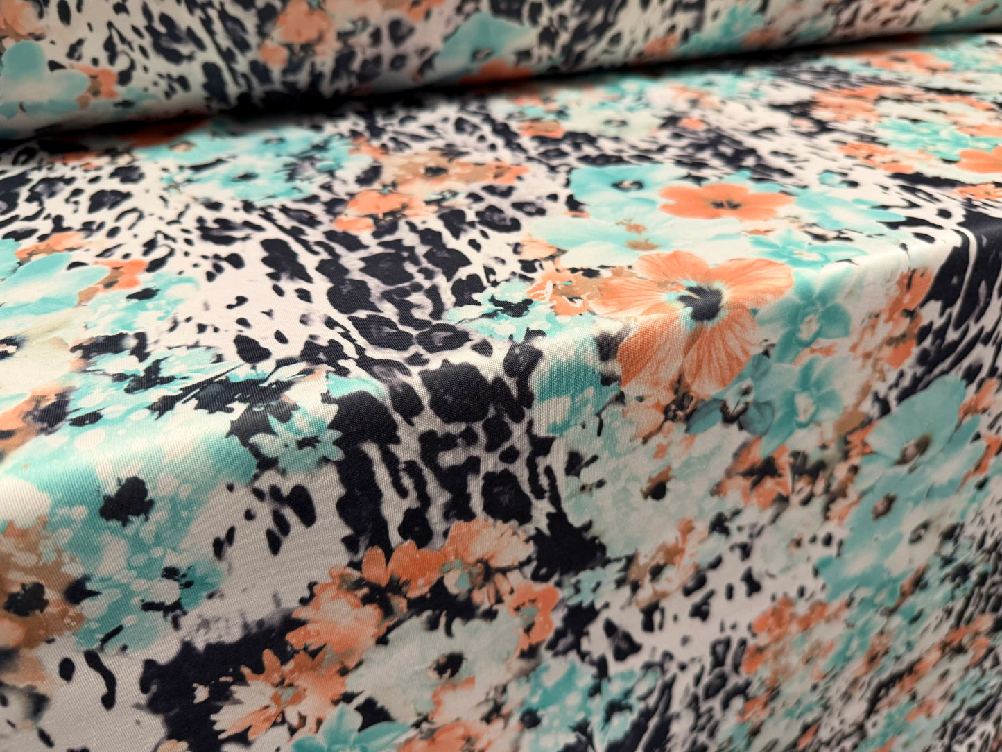 Scuba stretch spandex double jersey fabric, per metre - African Queen print - aqua & peach