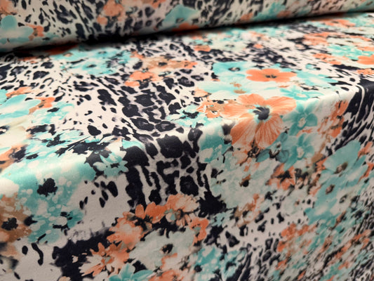 Scuba stretch spandex double jersey fabric, per metre - African Queen print - aqua & peach