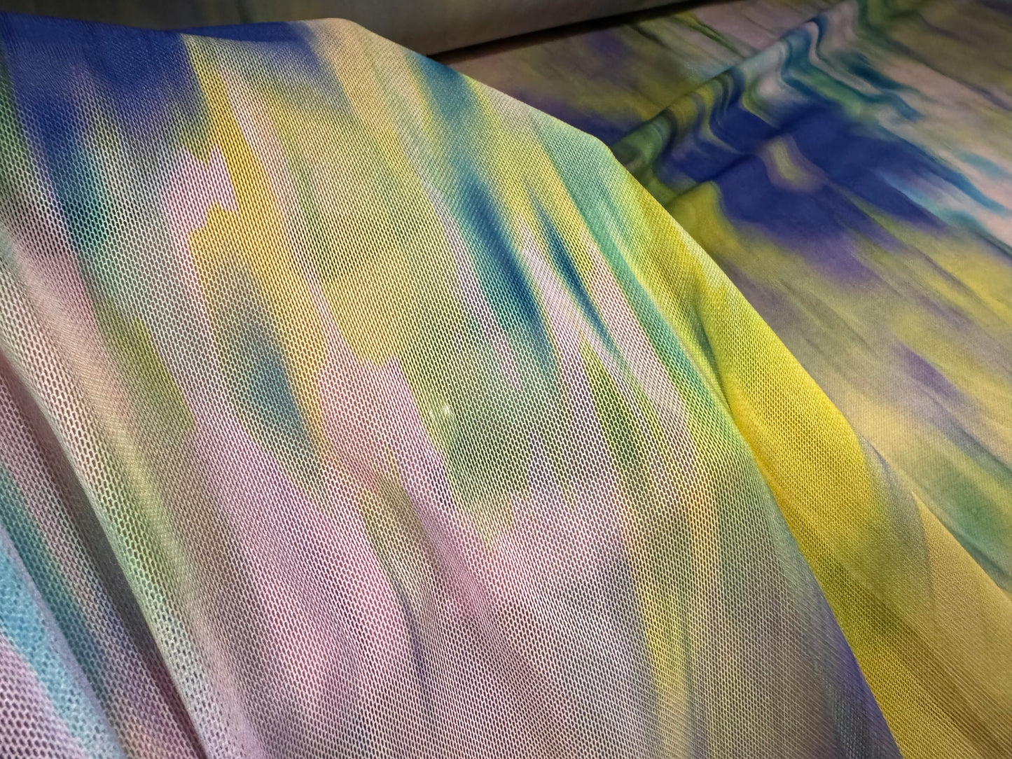 Power mesh net stretch spandex fabric, per metre - abstract print - yellow blue & lilac