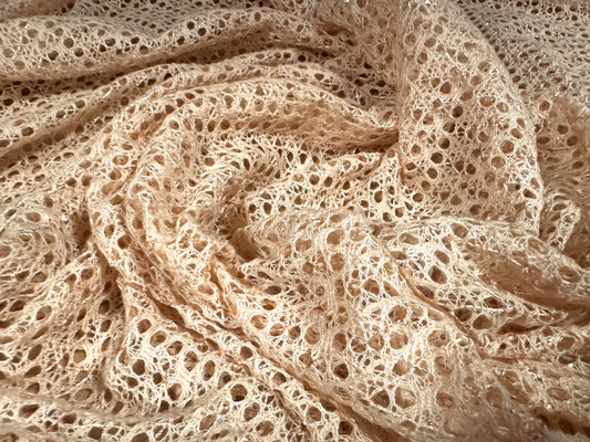 Crochet knit lace dress fabric with sequins, per metre - nude