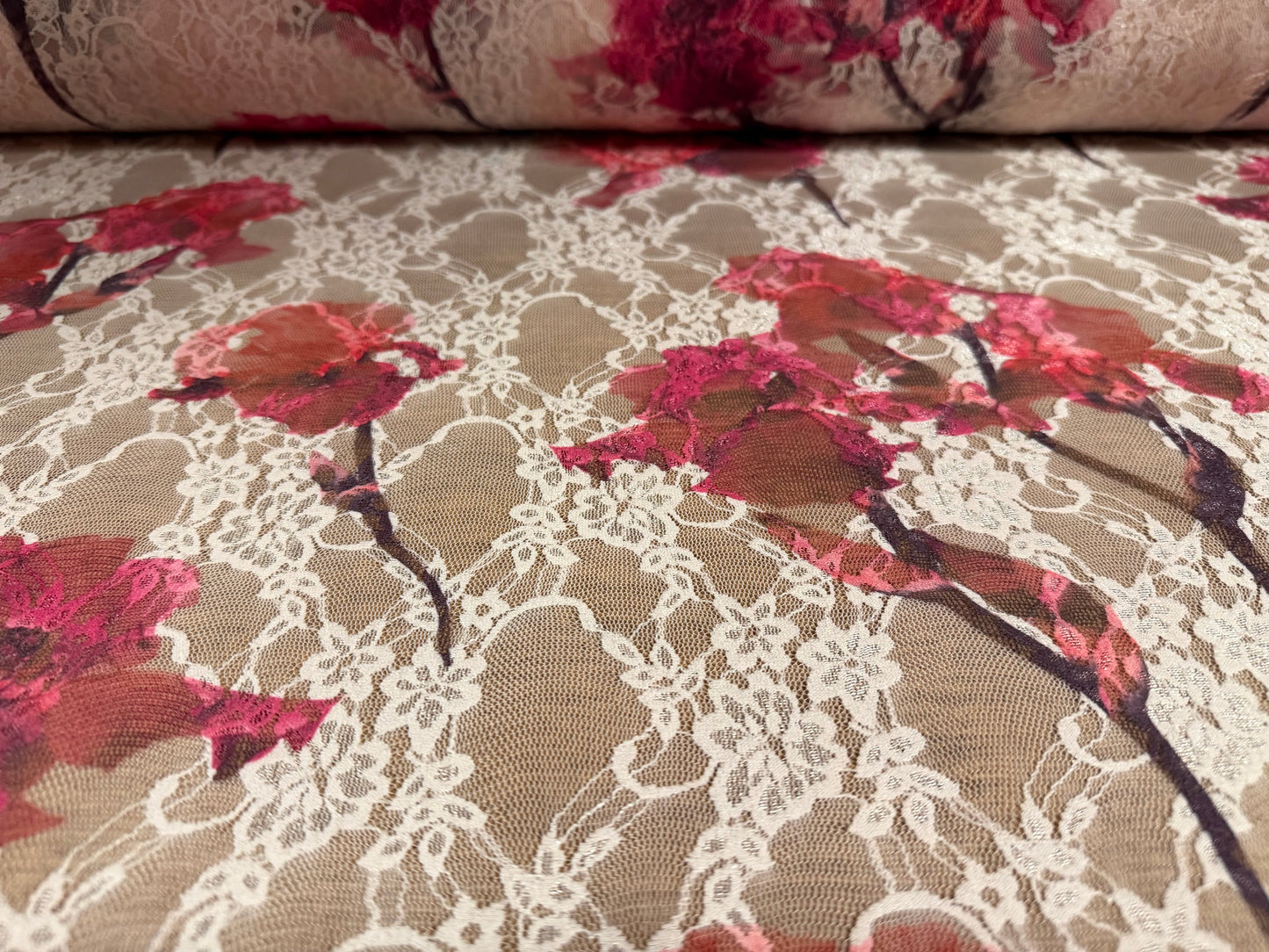 Stretch spandex mesh lace fabric, per metre - Iris floral print - blush pink