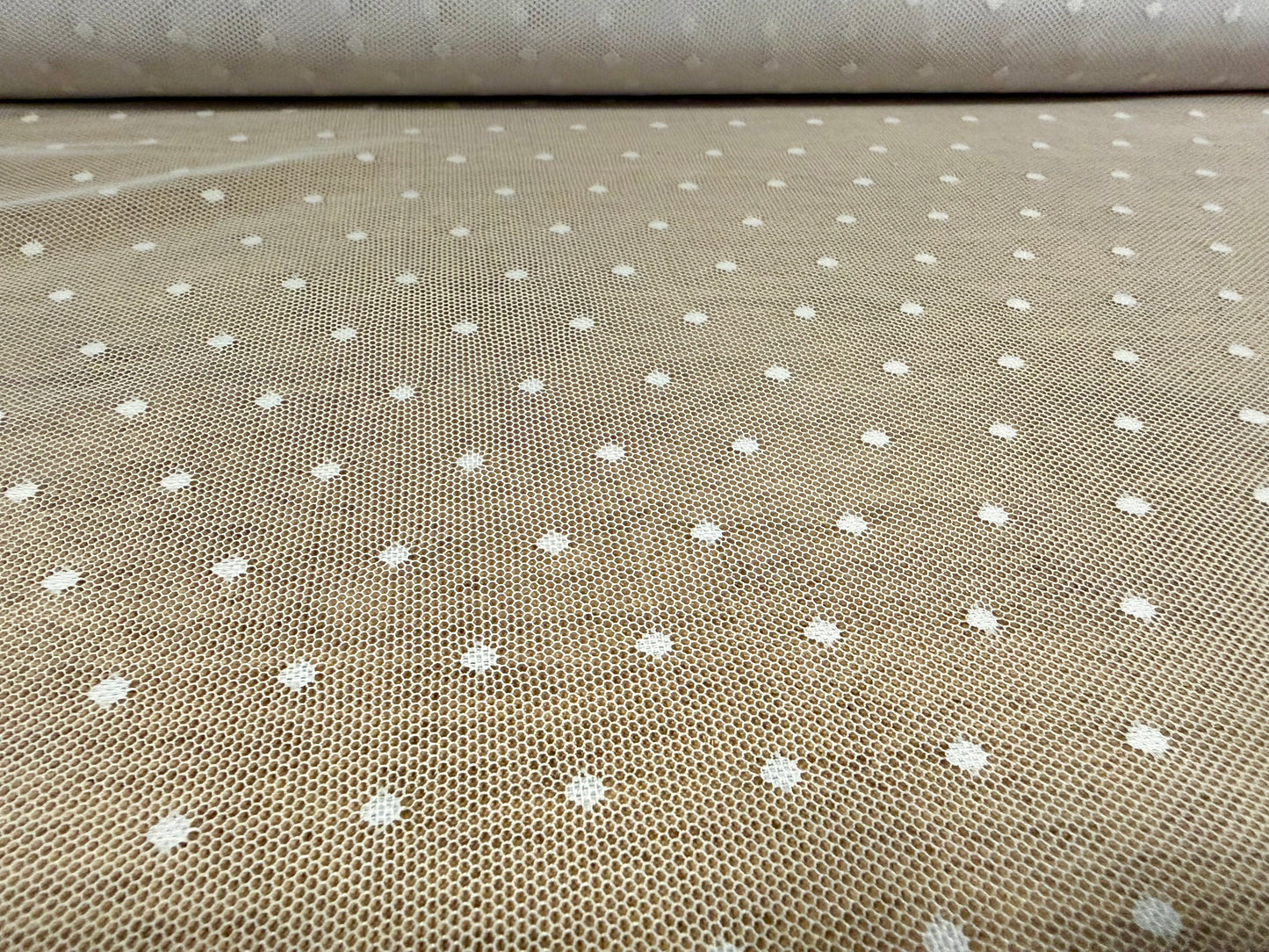 Stretch spandex mesh net fabric, per metre - spotted - white on white