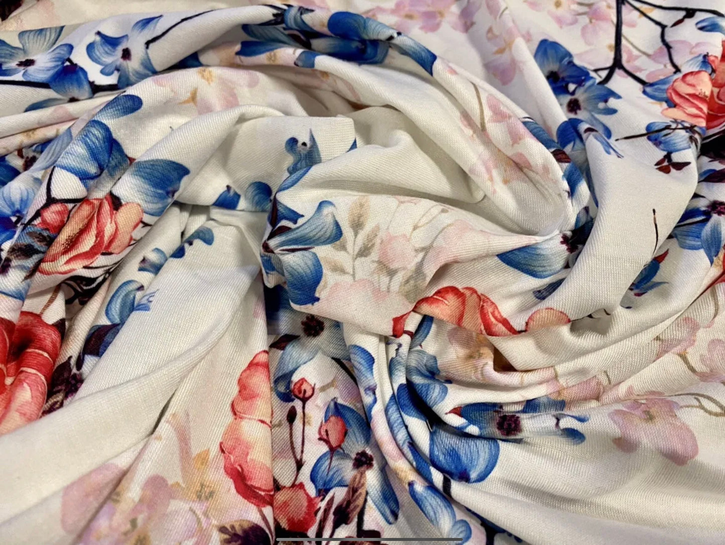 Viscose spandex stretch single jersey fabric, per metre - wild rose and orchid print - white pink & blue