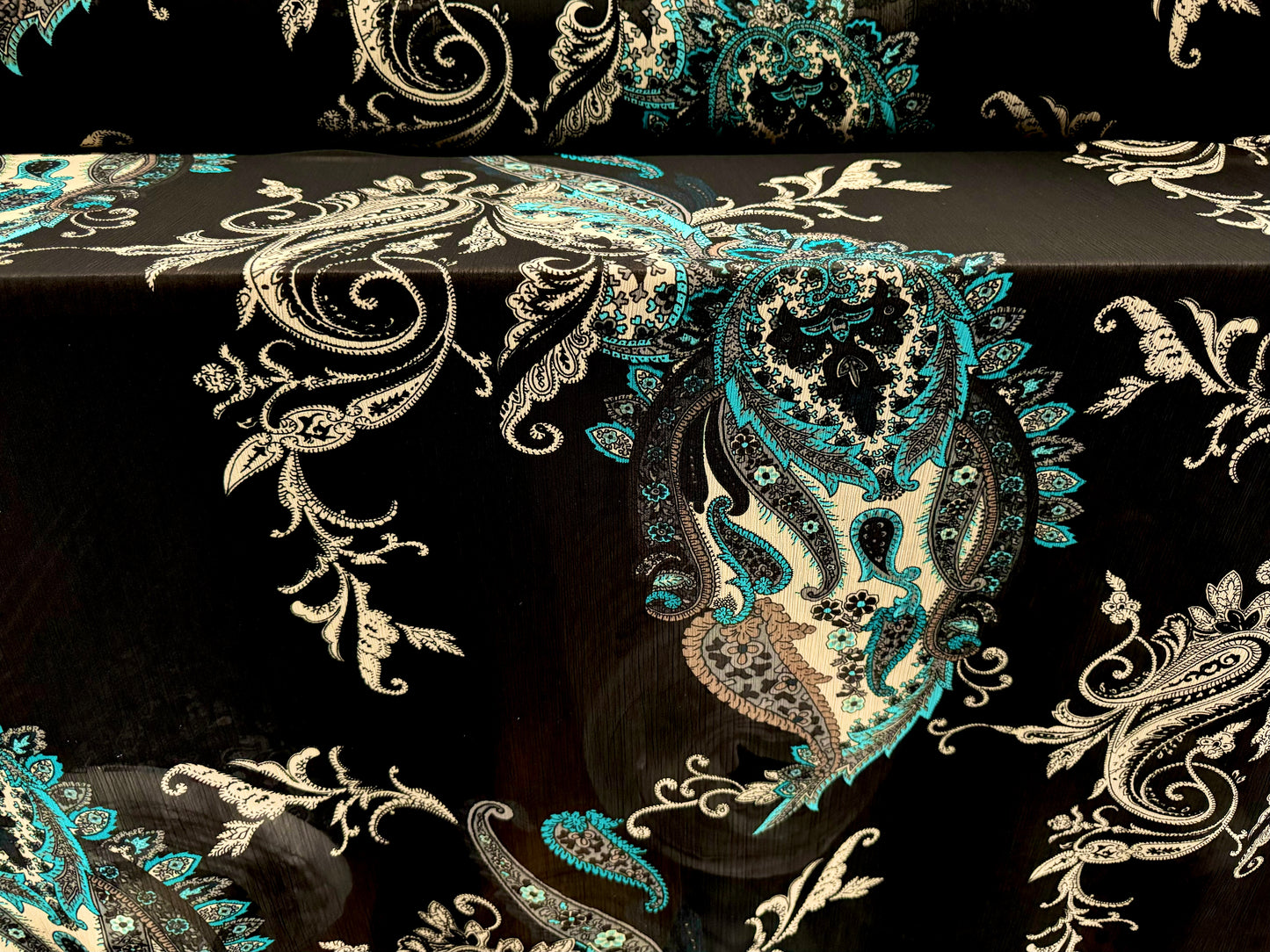 Chiffon yoryu dress blouse fabric, per metre - paisley print - black turquoise & cream