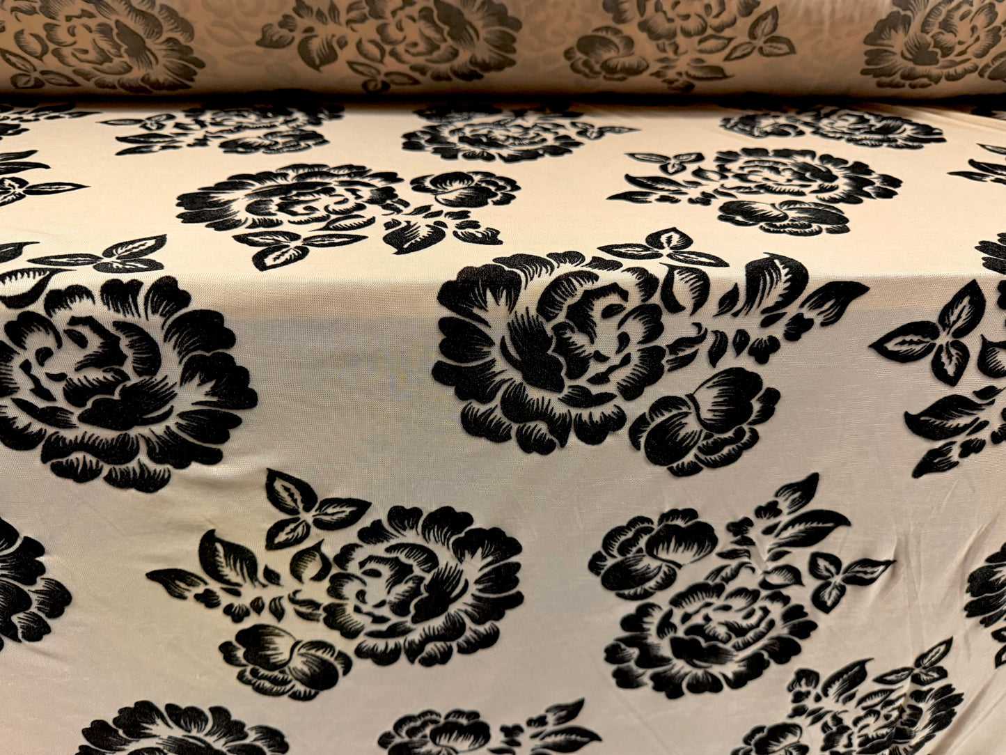 Chiffon jersey fashion fabric, per metre - flocked rose print - stone
