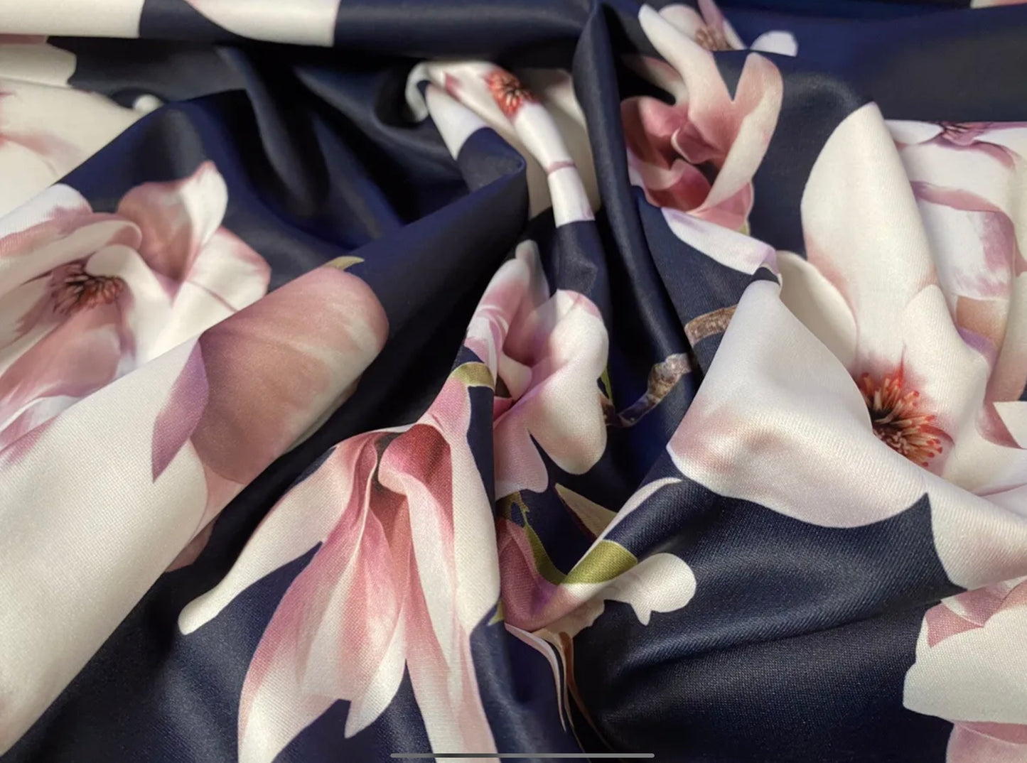 Scuba stretch spandex double jersey dress fabric, per metre - blossom flowers print - navy blue & blush