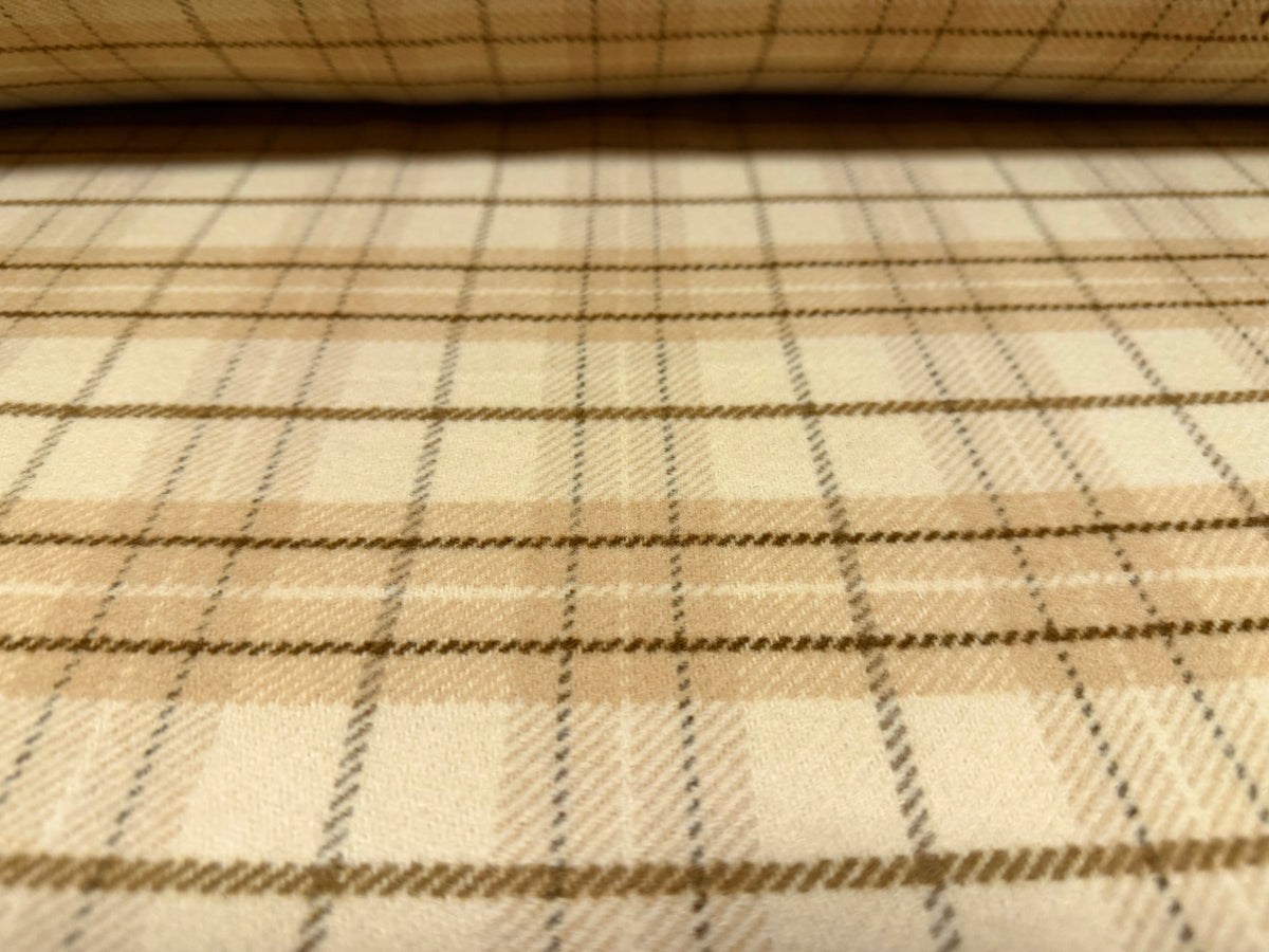 Wool flannel fabric, per metre - tartan plaid - clotted cream & beige
