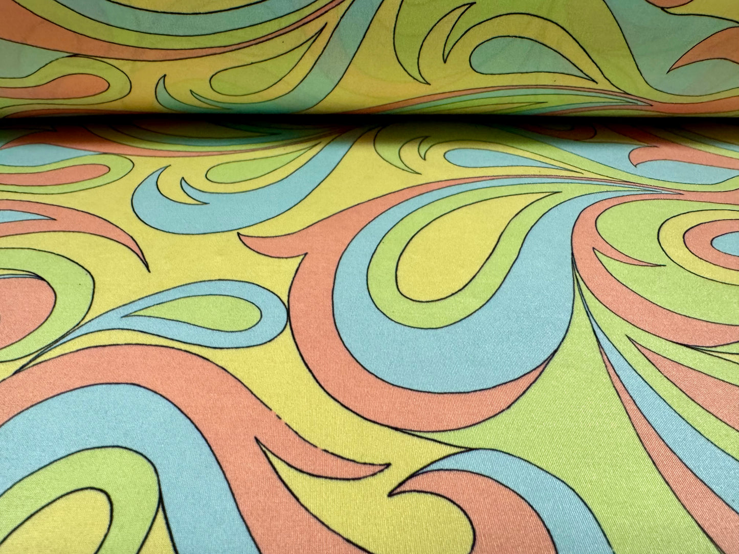 Soft touch stretch spandex single jersey fabric, per metre - Boho swirl print - lime