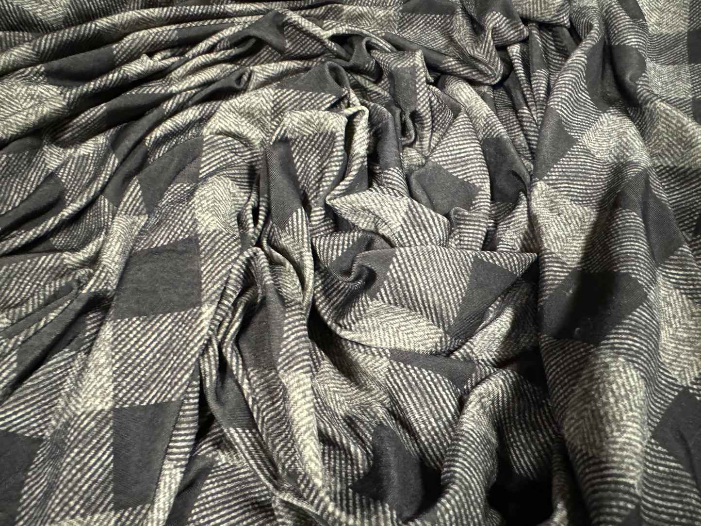 Soft touch stretch spandex single jersey fabric, per metre - buffalo check print - grey & straw