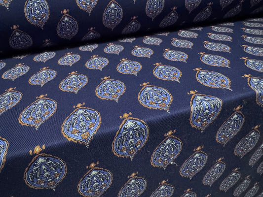 Marocain woven viscose dress fabric, per metre - Arabesque print - navy blue