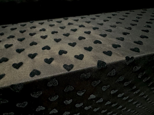 Power mesh net sheer stretch spandex fabric, per metre - flocked love heart print - black on black