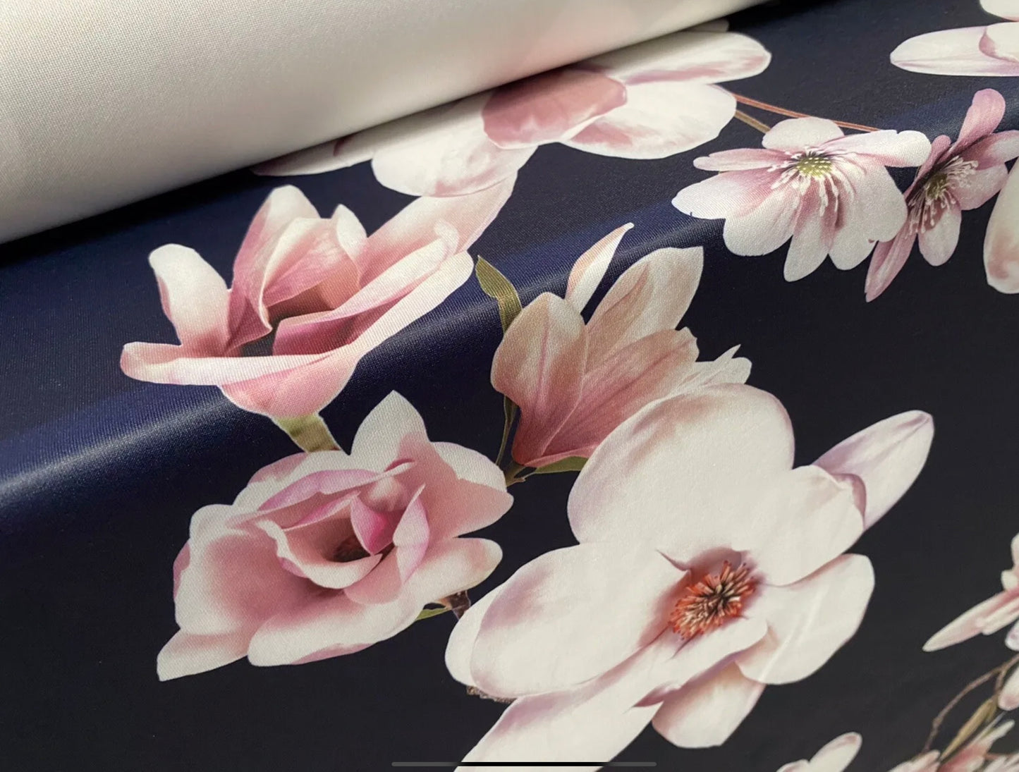 Scuba stretch spandex double jersey dress fabric, per metre - blossom flowers print - navy blue & blush