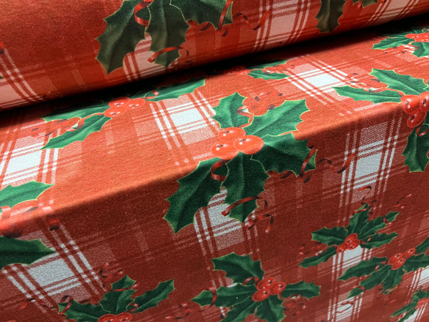 Stretch soft handle jersey fabric, per metre - holly and tartan Christmas print - red & green