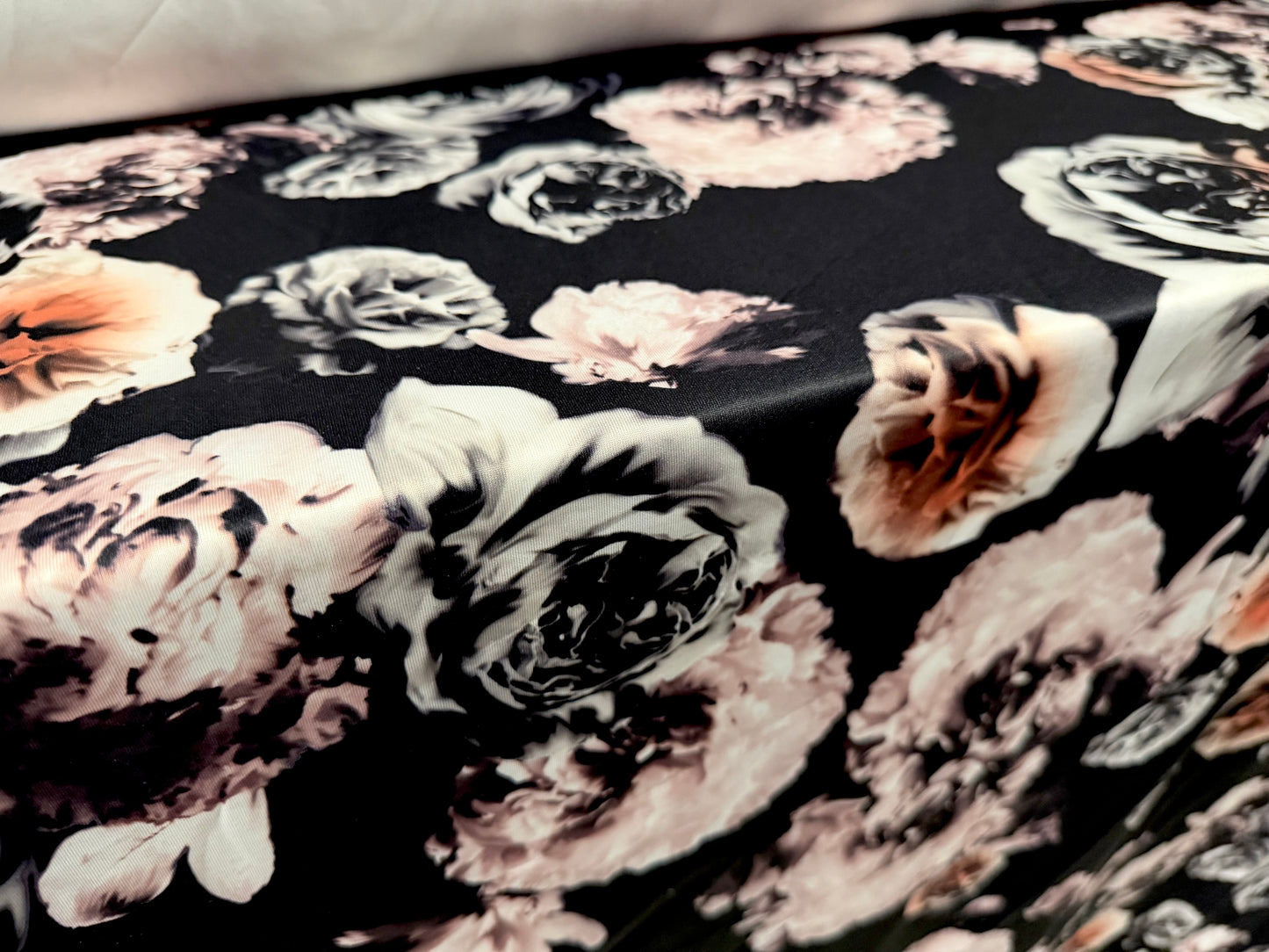 Scuba stretch spandex double jersey fabric, per metre - rose print - black grey & blush