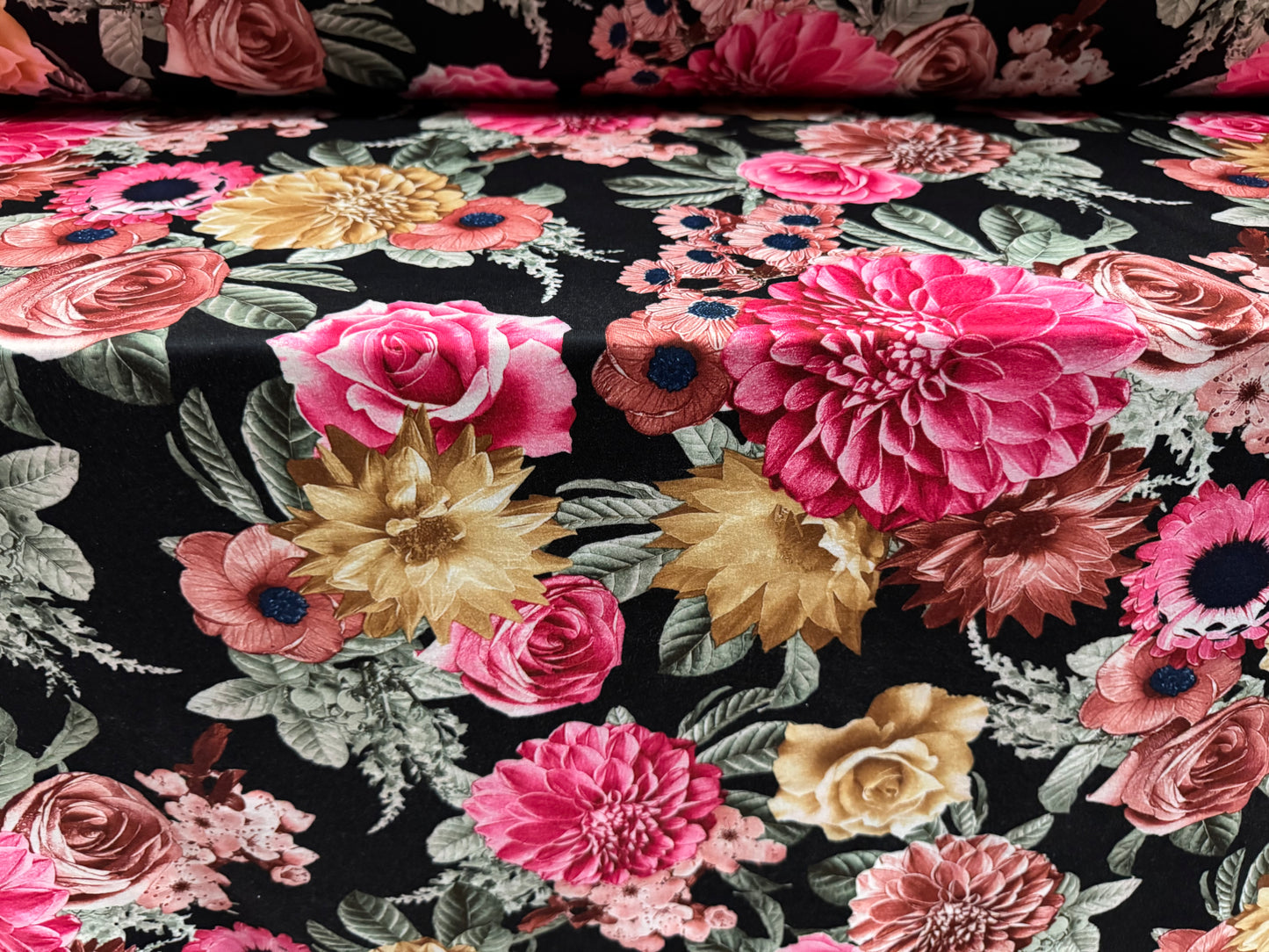 Stretch spandex interlock jersey fabric, per metre - carnations floral print - black & pink